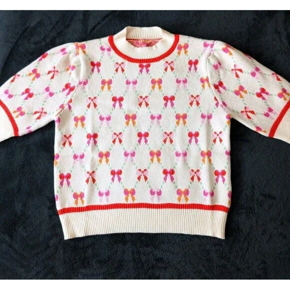 NWT Bow Print Coquette Artsy Cream Sweater Colorful Preppy - Picture 7 of 15